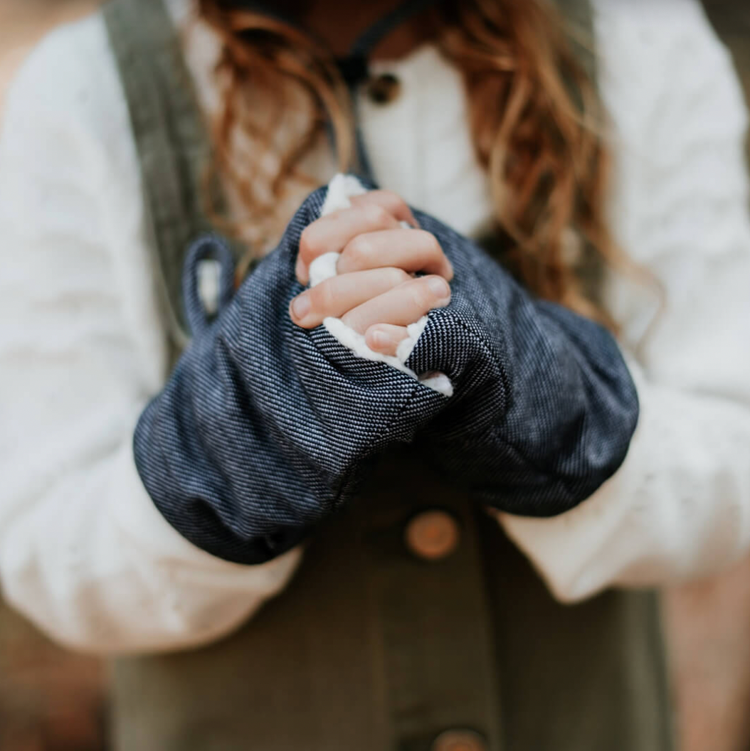Fleecy Fingerless Kids Mittens - Denim