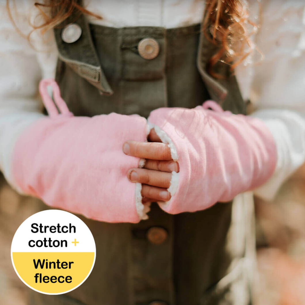 Fleecy Fingerless Kids Mittens - Baby Pink Marle