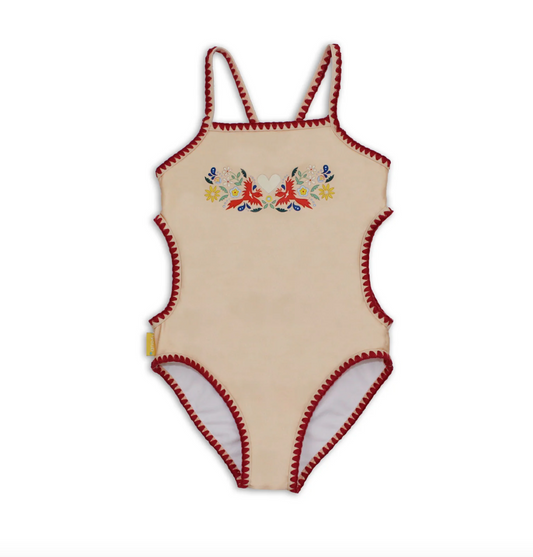 Embroidered Swimsuit Vanilla Fire Bird Placement Print