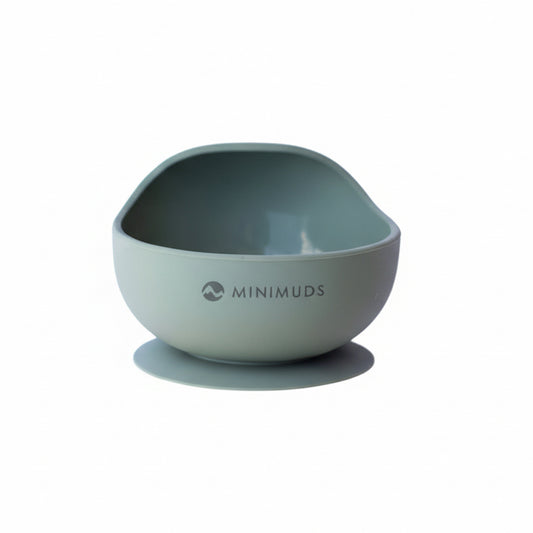 Silicone bowl with 'MINIMUDS' branding on a white background