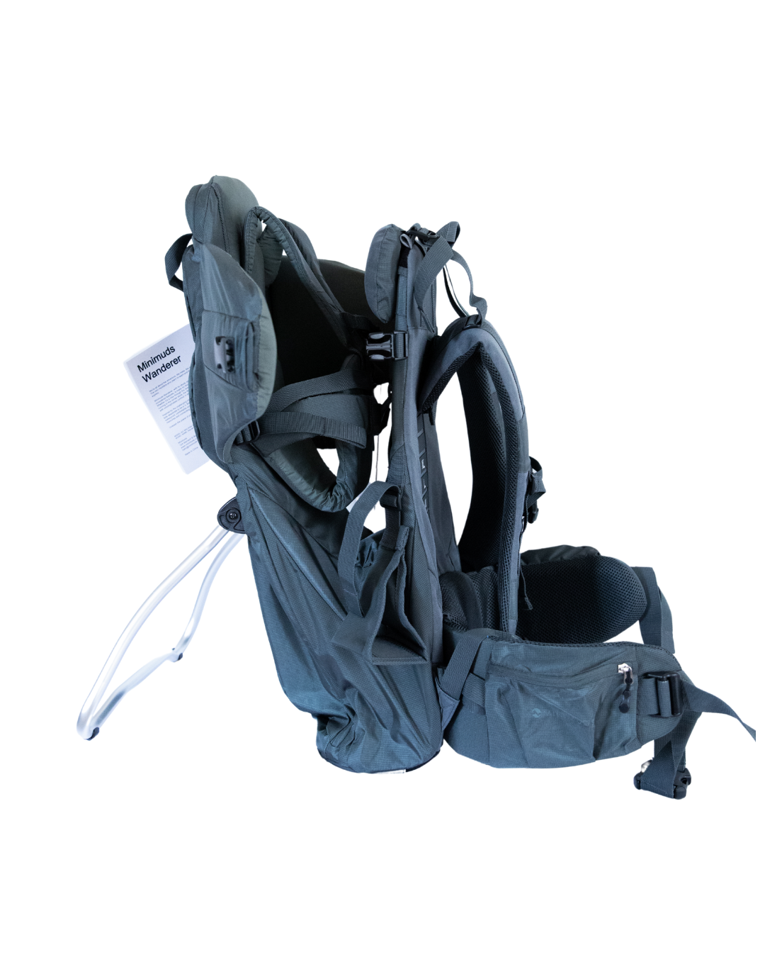 Grey baby carrier with straps on a white background