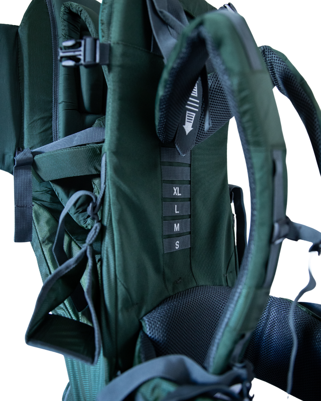 Green backpack with size labels on a white background