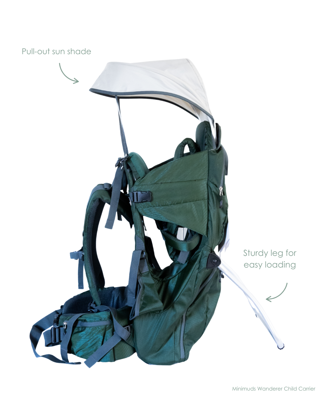 Green child carrier with pull-out sun shade and sturdy leg on a white background