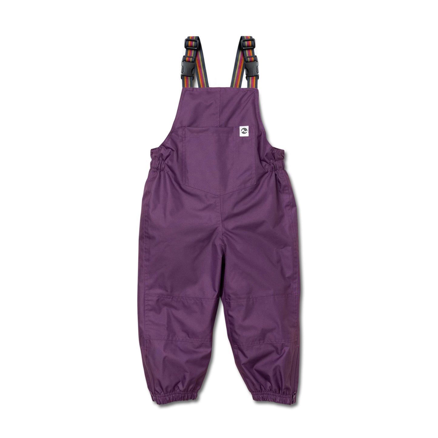 Purple kids waterproof overalls on a white background.