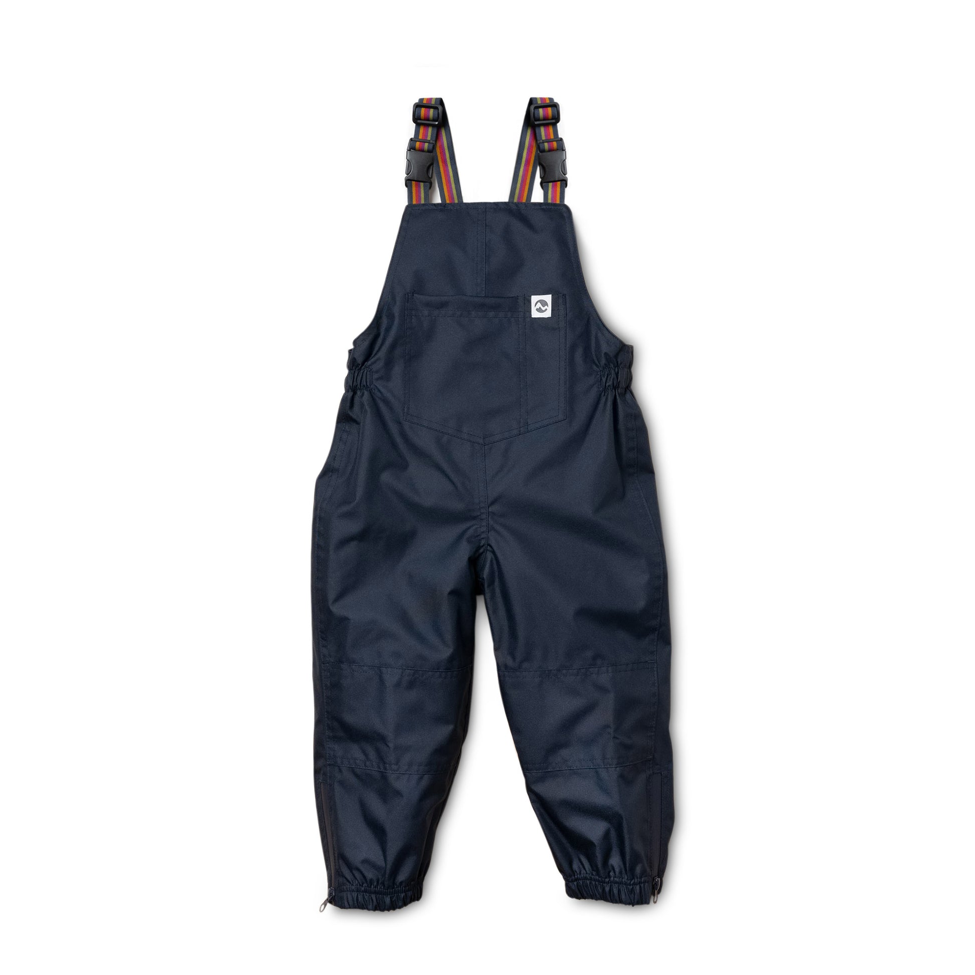 Navy blue kids waterproof overalls on a white background
