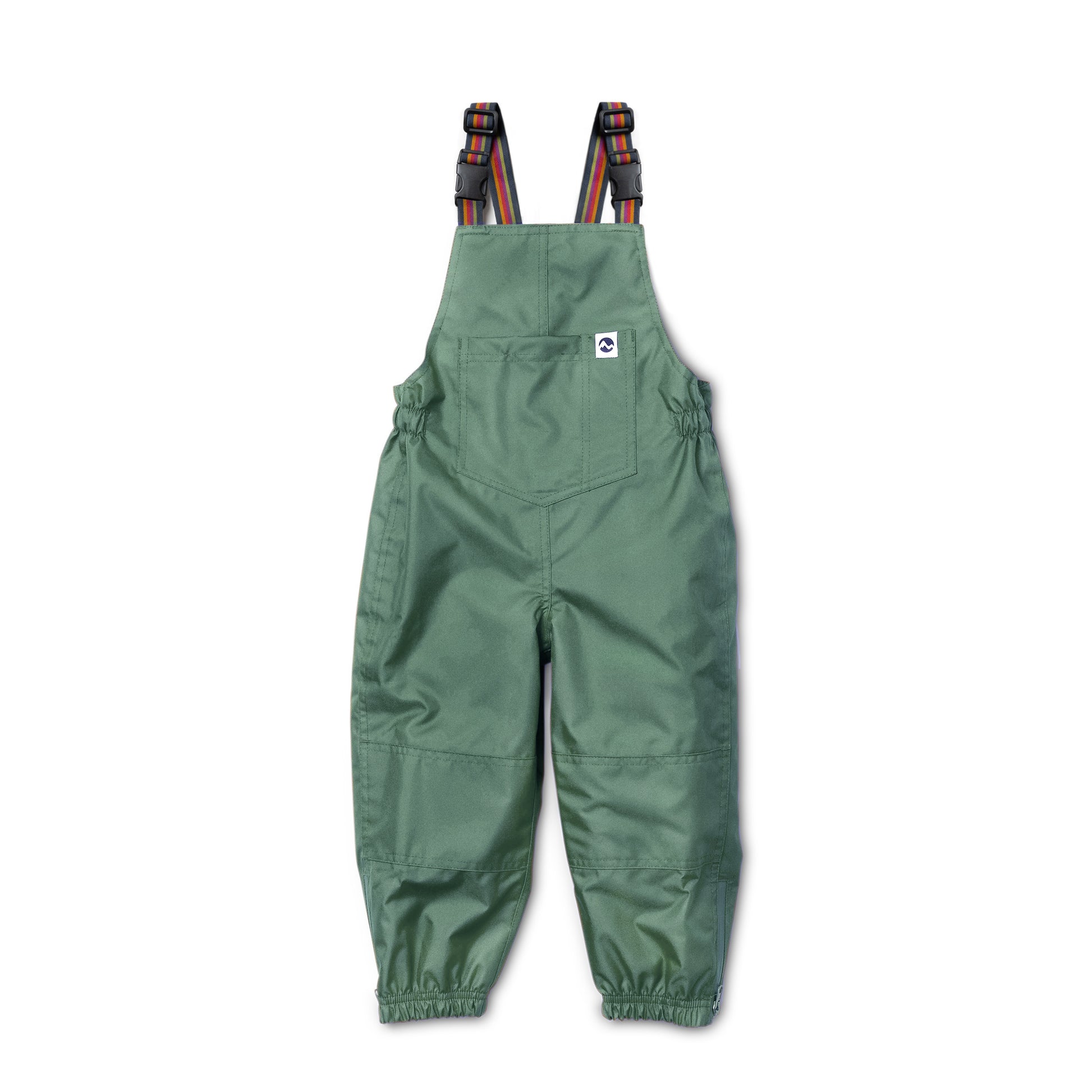 Green waterproof overalls for children with adjustable straps.