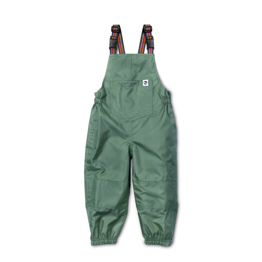 Green waterproof overalls for children with adjustable straps.
